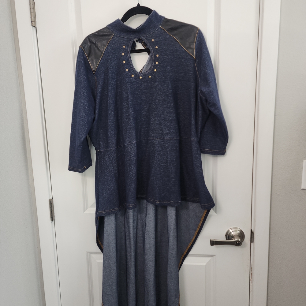 Ashley Stewart Denim Blue Studded High-Low Tunic Top with Faux Leather Accents